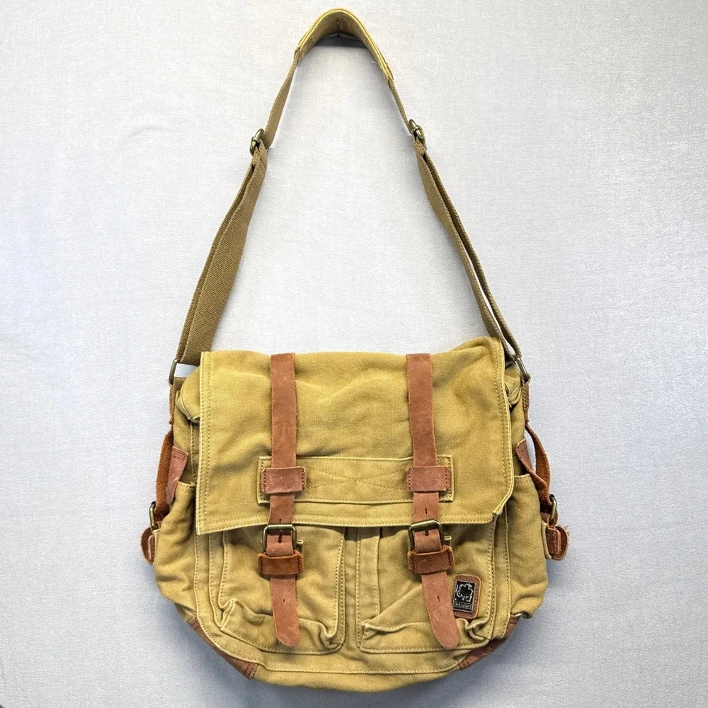 S.C. Cotton Military Messenger Bag Khaki Canvas Leather Trim Crossbody Satchel